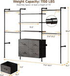 T3 Closet System with Stepless Dimmable LED Light, Industrial Pipe Clothing Rack with 4 Drawers, 6 Wooden Shelves & 4 Telescopic Rods, Heavy Duty Closet Organizers in Wardrobe Closet (Black Gray Oak)