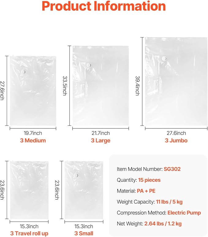 VEVOR Vacuum Storage Bags, 15 Pack Space Saver Seal Bag(3 Jumbo/3 Large/3 Medium/3 Small/3 Roll), Compression Airtight Zipper Space Bags with Electric Pump, for Cloth, Bedding, Blanket, Pillow, Travel