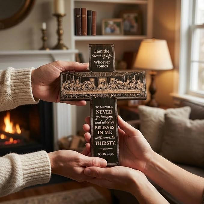 She Love Wooden Cross Wall Decor, 12 inch The Last Supper Christian Wall Cross with Bible Verse Vintage Wood Crosses Wall Hanging Art for Home Decor Easter Housewarming Blessing Gift (John 6:35)