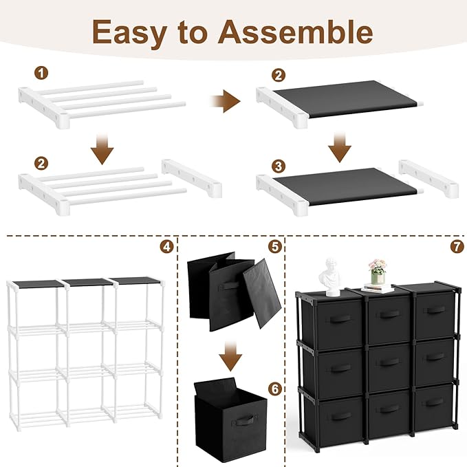 9 Cube Storage Organizer with Shelf Back to School Boxes 11 Inch Toy Storage Bins Closet Organizers Drawers Fabric Dresser for Playroom Books Bedroom Dorm Kitchen (Black)