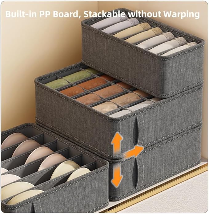 3 Pack Closet Underwear Organizer Storage Box, Drawer Fabric Foldable Cabinet Closet Storage Boxes for Storing Socks, Underwear, Ties, Belts (Dark Grey)
