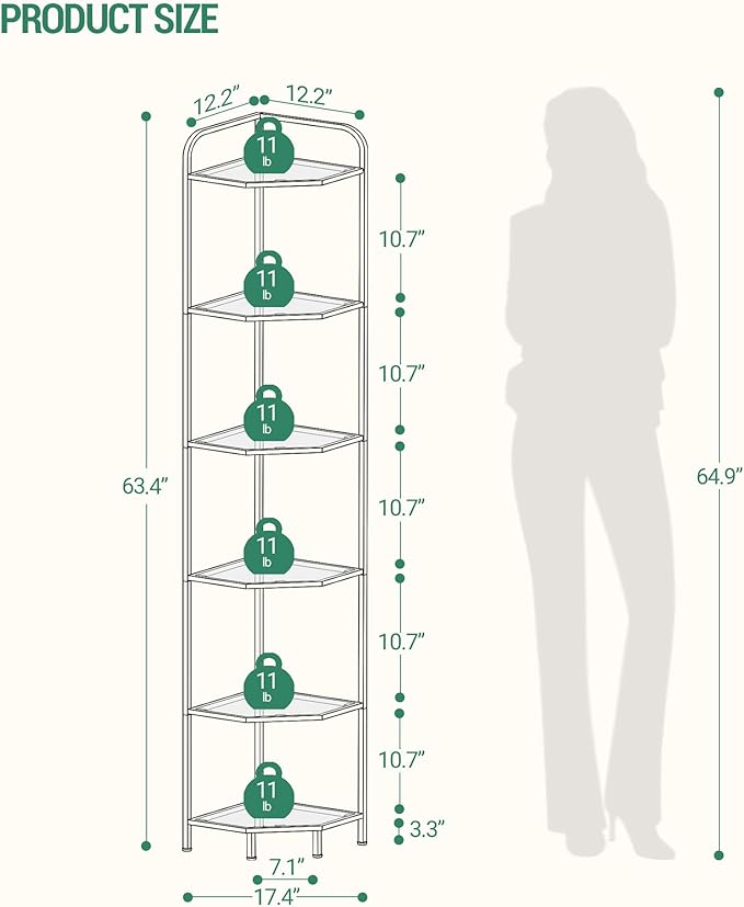 Hzuaneri Corner Shelf Stand, 6-Tier Glass Bookshelf Bookcase, Bathroom Organizer, Plant Stand, Steel Frame, Tempered Glass, Modern Style for Living Room, Bathroom, Kitchen, Black CS90600B