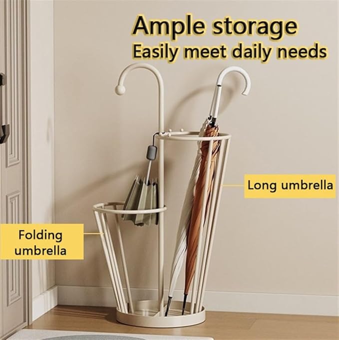 Umbrella Stand, Umbrella Holder, Freestanding Umbrella Basket with Drip Tray, Modern Iron Frame Umbrella Storage, Indoor Umbrella Holder for Entryway(Beige)