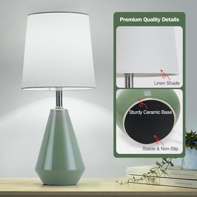 Small Bedside Table Lamp for Bedroom - Reading Desk Lamp with 3 Color Temperatures，15.5" Nightstand Ceramic Lamp with Fabric Shade for Kids Room,Living Room,Dorm,Home Office (Green+White)