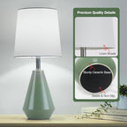 Small Bedside Table Lamp for Bedroom - Reading Desk Lamp with 3 Color Temperatures，15.5" Nightstand Ceramic Lamp with Fabric Shade for Kids Room,Living Room,Dorm,Home Office (Green+White)