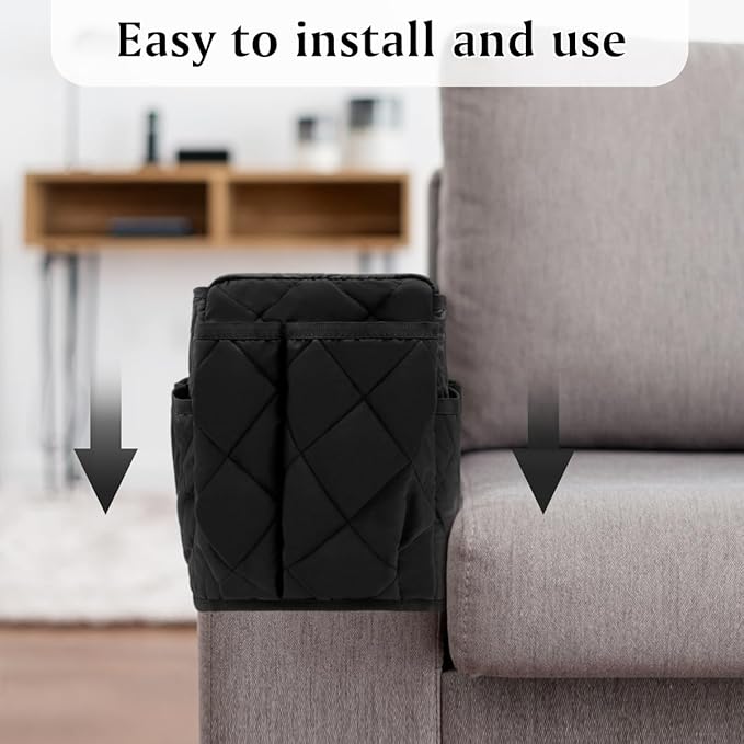 Remote Control Holder, Non Slip Bedside Armchair Caddy, Recliner Arm Caddy Armrest Organizer with 14 Pockets for Cell Phone TV Remote Control Magazines, Black