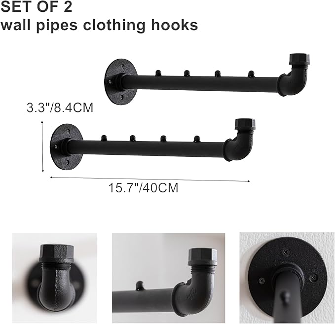 Industrial Wall Pipe Clothes Bar - Heavy Duty Metal Coat Hanger with Hook, Wall-Mounted Garment Holder Racks,Wall Clothing Racks/Hanging Rail, 2Pcs