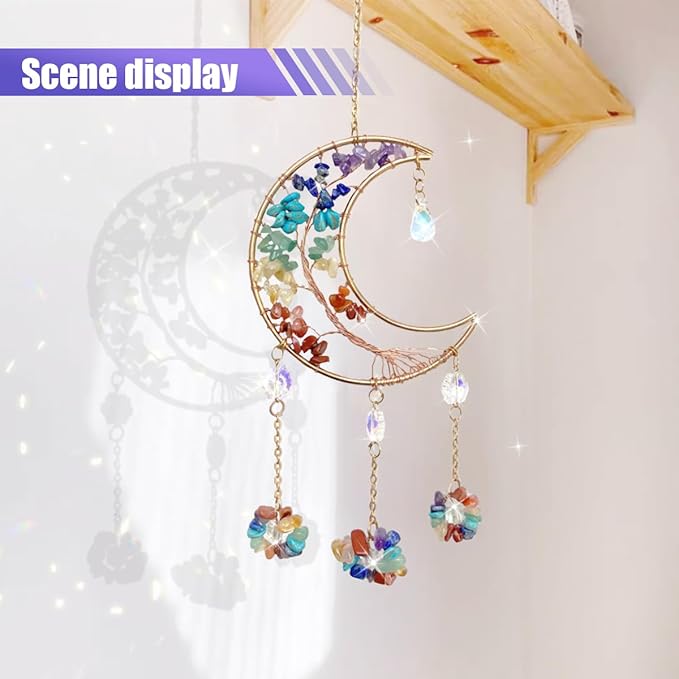 Colorful Moon Car Pendant, Sun Catcher Crystal Stone Craft, Dream Catcher Car Rear View Mirror Charm, Car Hanging Decorative Accessories, Car Interior Ornament for Room Window Wall