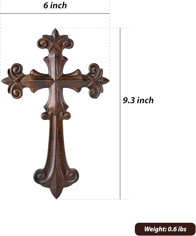 DAICAT - Hand-carved Cross, Wood Cross for Wall 9.8 Inch, Cross Wall Decor for Home, Rustic Crucifix Gift for Mom and Dad, Hand made Mother's Day Gifts for Mom, Wife, Sister, Grandma (No 2)