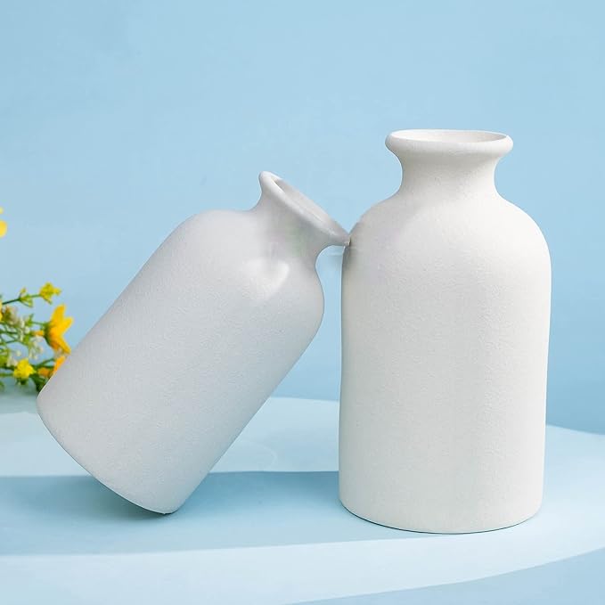 Hirdbrote Small Ceramic Vases for Decor, 2-Piece Set - Flower Vases, Modern Farmhouse & Rustic Home Decor, Wedding & Kitchen Centerpiece (5.5' & 4.7' Tall) (White)