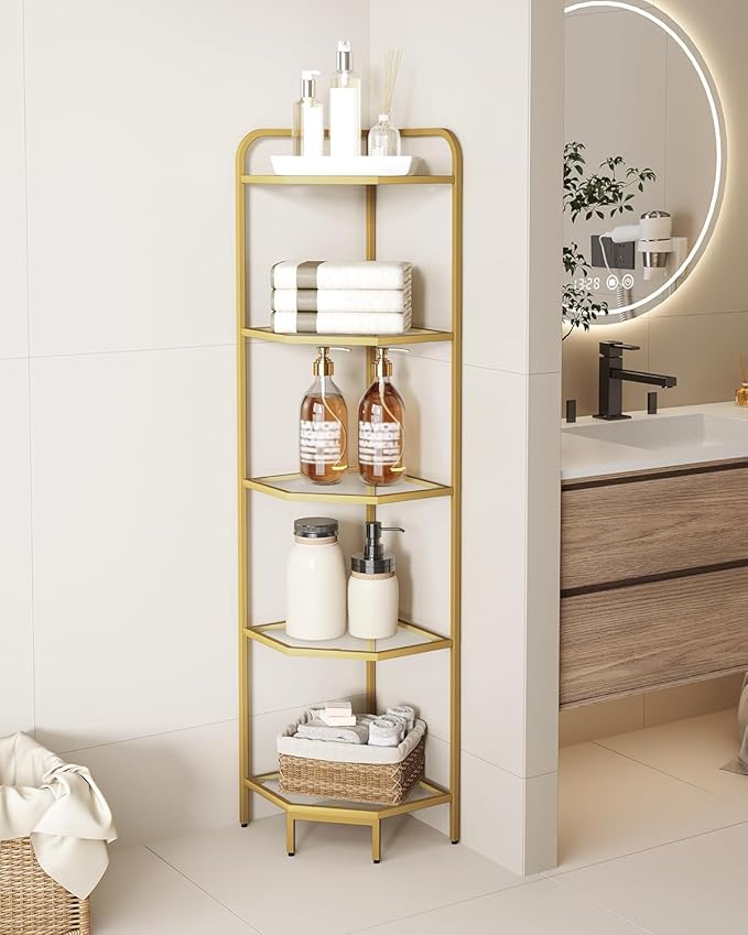 Hzuaneri Corner Shelf Stand, 5-Tier Glass Bookshelf Bookcase, Bathroom Organizer, Plant Stand, Steel Frame, Tempered Glass, Modern Style for Living Room, Bathroom, Kitchen, Golden CS90200G
