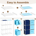 6 Cube Storage Organizer with Shelf Back to School Boxes 11 Inch Toy Storage Bins Closet Organizers Drawers Fabric Dresser for Playroom Books Bedroom Dorm Kitchen (Dark Blue,Light Blue)