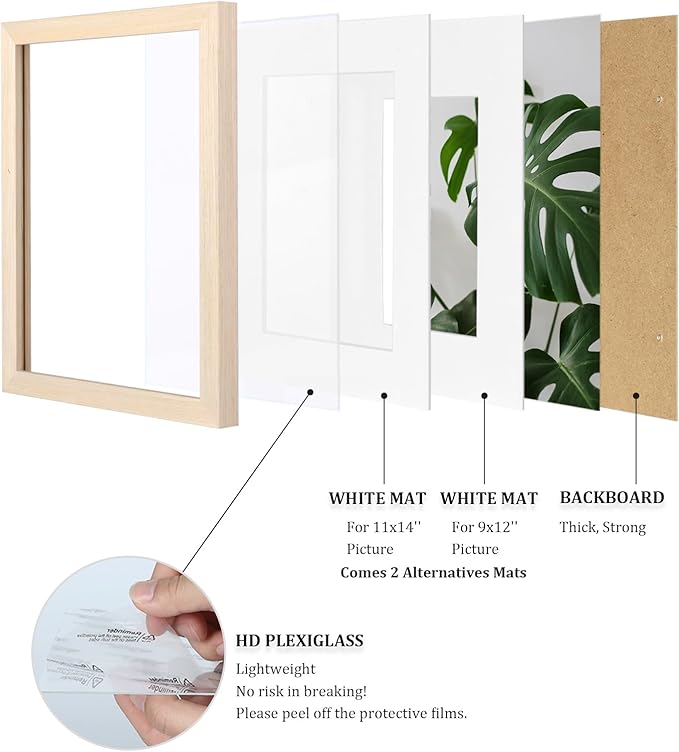 Egofine 12x16 Picture Frames Set of 4, Made of Solid Wood Covered by Plexiglass 9x12 and 11x14 with Mat or 12x16 without Mat, for Wall Mounting Photo Frame Oak Wood