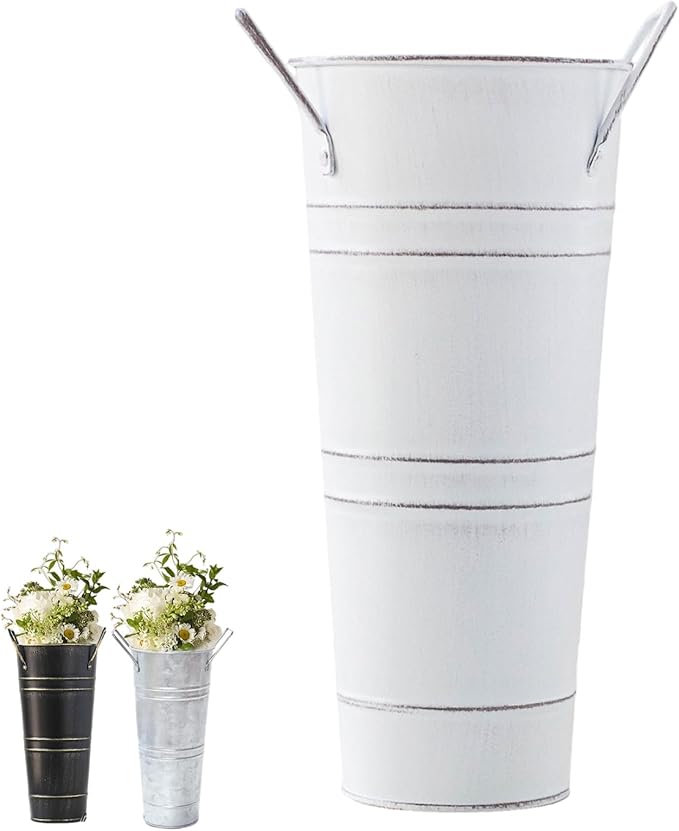 Umbrella Stand Holder Metal Umbrella Bucket Freestanding Umbrella Rack Barrel Canes Walking Sticks Clubs Organizer Rustic Floral Bucket Floor Vase for Entryway Porch Indoor (White)