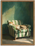 Framed Funny Leopard Canvas Wall Art, Vintage Sleeping Cheetah on Sofa Pictures Wall Decor, Eclectic Animal Paintings Canvas Prints Whimsical Home Decor for Living Room Bedroom 16x24 inch