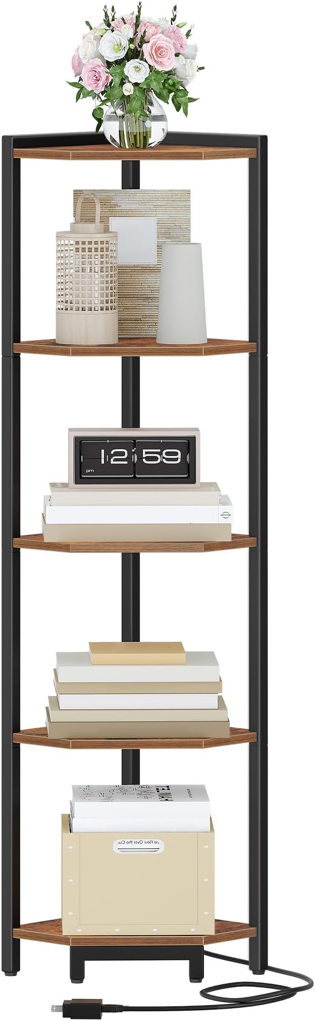 Hzuaneri Corner Shelf with LED Light, 5-Tier Corner Bookshelf, Tall Narrow Display Bookcase with Metal Frame, Standing Shelf for Small Space, Living Room, Home Office, Bedroom, Rustic Brown CS66501B