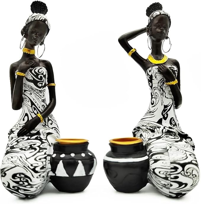 African Statues Art Sculptures Women Figure Girls Tribal Lady Figurine Black Women Home Decor Collectible Creative Vintage Gift Crafts (Black+White)