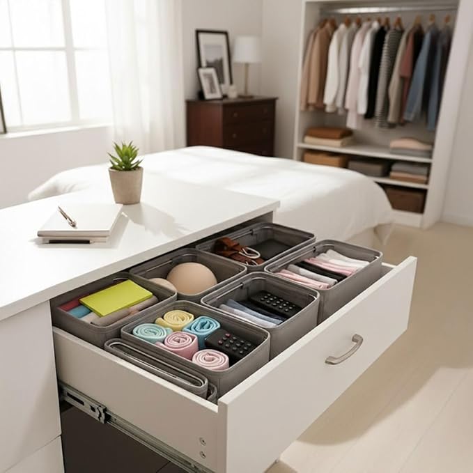 4-Pack Foldable Drawer Organizers with Metal Frame Support – Sturdy Fabric Storage Bins for Socks, Underwear, Baby Clothes & Belts, Closet Dividers (Grey) (11.8 x 5.9 x 4.21 inc)