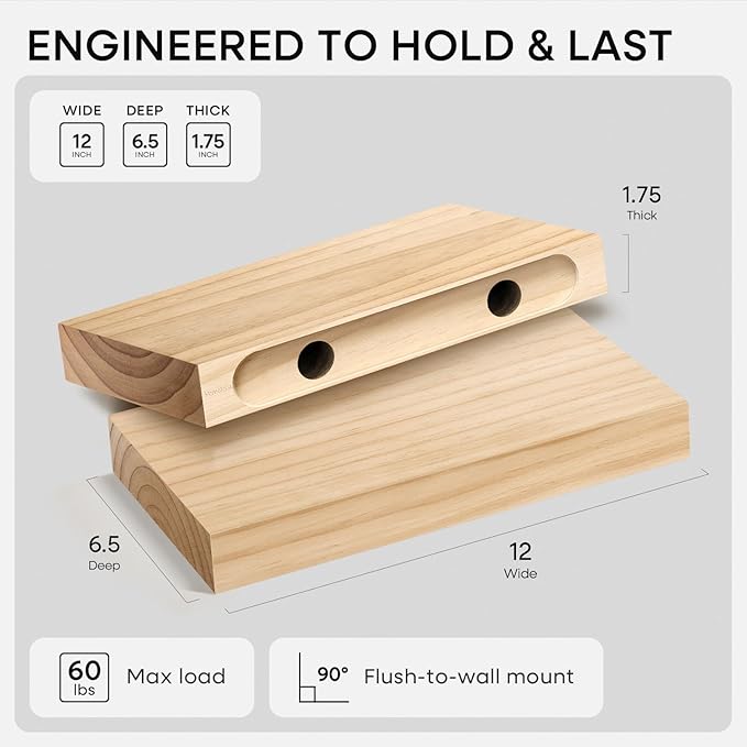 Homeforia 12 inch Natural Floating Shelf, High End Solid Real Wood 12inch Small Floating Shelves for Wall Mounted, Natural Wooden Floating Shelves, Heavy Duty Bracket, 12 X 6.5 X 1.75 in, Set of 3