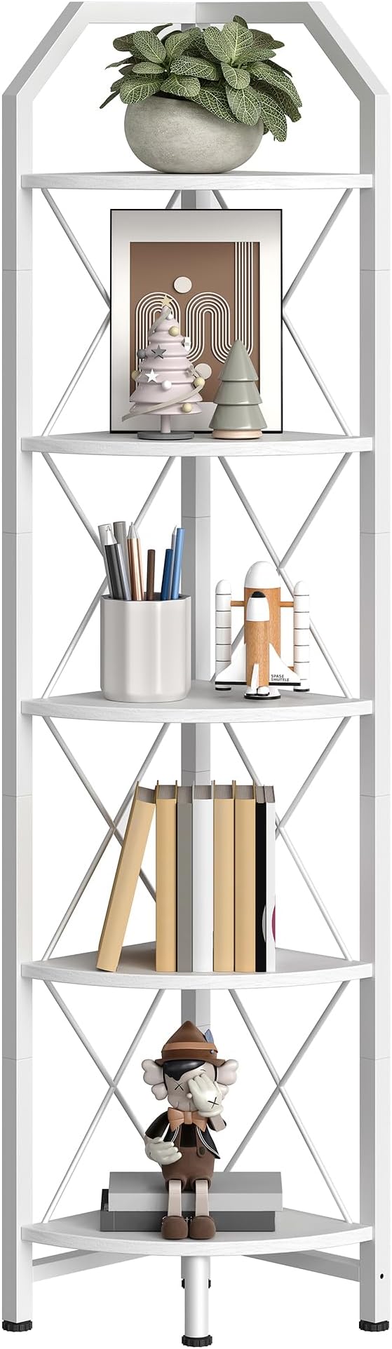 CHOEZON 5-Tier Corner Shelf, Industrial Corner Bookshelf, 59.4" Corner Storage Stand, Plant Stand Display Shelf, Corner Bookcase for Bedroom, Living Room, Home Office, White TCJ10WB