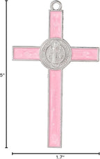 VINETEN Crucifix - Saint Benedict Crucifix Wall Cross Give Blessing and The Spiritual Sacred Pink Enamel Wall Cruciifx for Girl 5 Inch
