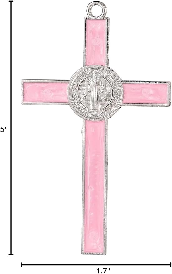 VINETEN Crucifix - Saint Benedict Crucifix Wall Cross Give Blessing and The Spiritual Sacred Pink Enamel Wall Cruciifx for Girl 5 Inch
