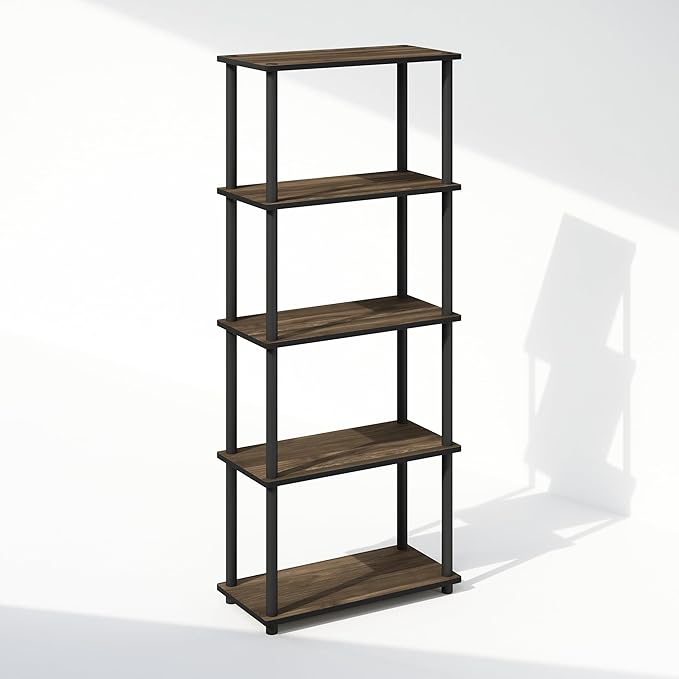 Furinno Turn-N-Tube Book Shelf, 5-Tier Bookshelf, Bookcase with Multipurpose Compact Display Rack, 11.6 x 23.6 x 57.4, for Living Room, Bedroom, Home Office, Columbia Walnut/Black