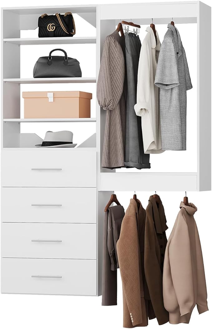 ROOMTEC Modular Closet System, 46" Wall-Mounted Closet Organizer with Drawers and Hanging Rods, Wooden Tower for Walk-In Closets, Wardrobe Storage Kit, White