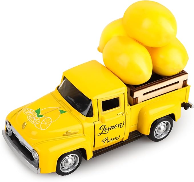 Lemon Truck Decor Vintage Metal Truck Tiered Tray Decor Lemon Party Decorations Summer Farmhouse Yellow Car with Mini Fake Lemons for Home Kitchen Tabletop Centerpiece Supplies