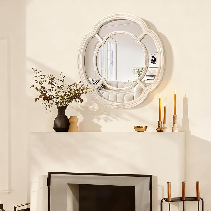 White Irregular Mirror, Wall Mounted Wavy Circle Mirror Wood Frame Round Hanging Decorative Mirros for Entryway Living Room Vanity and Bedroom, 20 Inch Home Decor