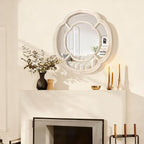 White Irregular Mirror, Wall Mounted Wavy Circle Mirror Wood Frame Round Hanging Decorative Mirros for Entryway Living Room Vanity and Bedroom, 20 Inch Home Decor