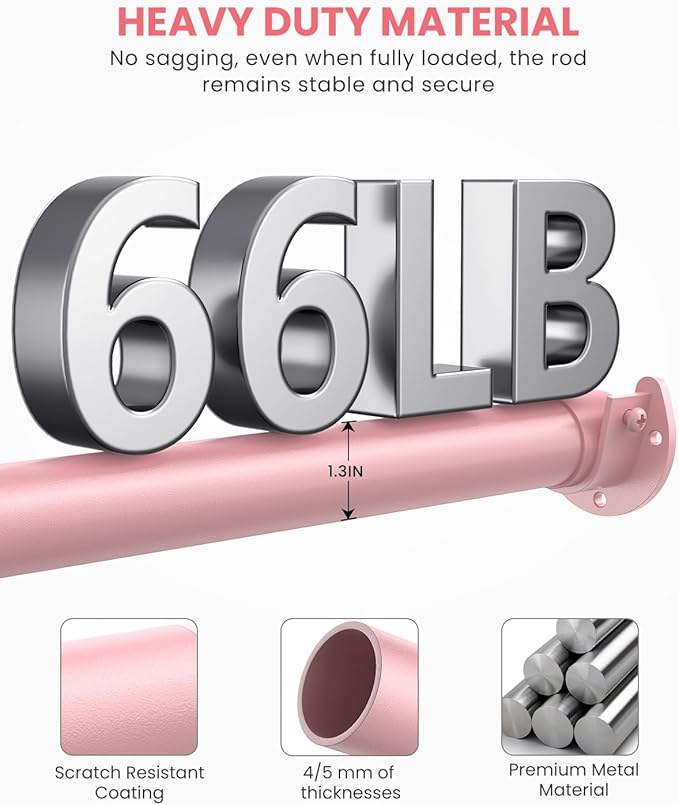 Closet Rods for Hanging Clothes, 17 to 39 Inches Stepless Adjustable Metal Closet Rod, 1.3 Inches Heavy Duty Clothes Hanging Rod for Closet Wardrobes Laundry RV, Pink