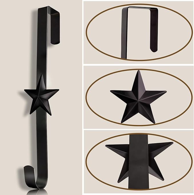 3 Pcs 15 Inch Wreath Hanger for Front Door Star Pattern Garland Hanger Over The Door Metal Door Wreath Decoration Hanger Hook for Various Festive Wreaths Hanging Towels Coats Etc (Black)