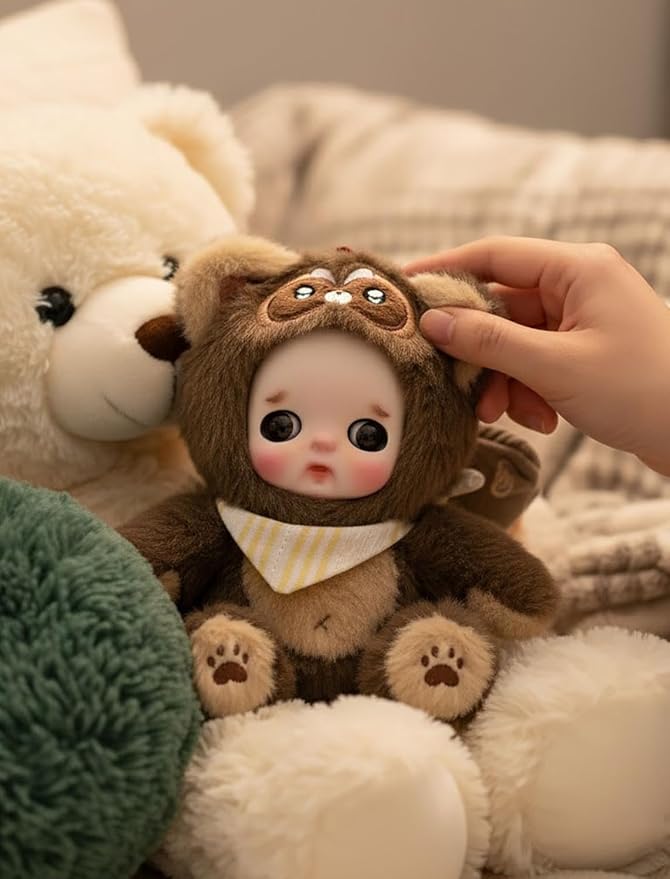 6" Hand-Painted Porcelain Face Doll with Acrylic Cotton Body, Small Ceramic Collectible Doll for Shelf & Desk Decor, Aesthetic Home Display, Collectors & Unique Birthday Gift (Brown)