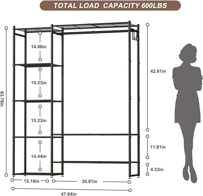 Neprock Wardrobe Closet, Portable Clothing Rack for Hanging Clothes, Free Standing Closet Organizers and Storage System with 4 Tiers Shelves for Cloakroom Bedroom, Black