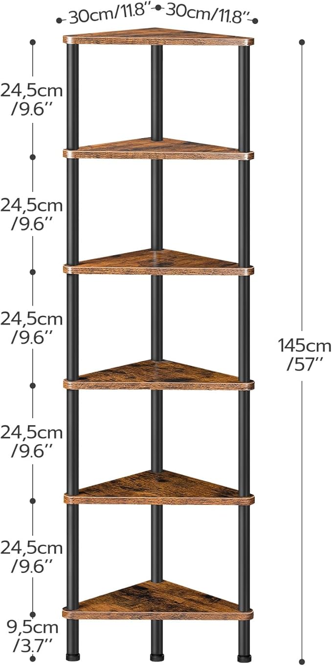 HOOBRO Corner Shelf Stand, Industrial 6-Tier Wall Corner Bookshelf with Metal Frame, Plant Display Shelf, Bookcase for Small Spaces, Bedroom, Living Room, Rustic Brown BF36CJ01