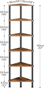 HOOBRO Corner Shelf Stand, Industrial 6-Tier Wall Corner Bookshelf with Metal Frame, Plant Display Shelf, Bookcase for Small Spaces, Bedroom, Living Room, Rustic Brown BF36CJ01