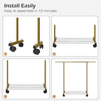 MISSLO Short Clothing Racks for Hanging Clothes with Bottom Shelves and Wheels Heavy Duty Rolling Clothes Rack Kids Clothing Rack for Adult Coat, Closet, Wardrobe (Gold)
