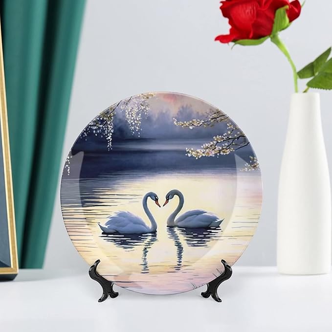 Decorative Plates for Home, Sunset Couple Swans Lake With Tree Painting Tray for Table Display, Ceramic Dinner Plate W/Stand, Living Room Dining Room, Housewarming Gifts, 8 Inch