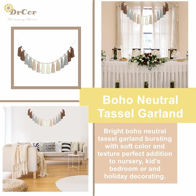 DrCor Neutral Boho Tassel Garland – Handmade Cream, Brown & Gray Yarn Banner for Nursery, Baby Shower, Birthday Party, Rustic Farmhouse Wall Hanging & Warm Cozy Home Decor