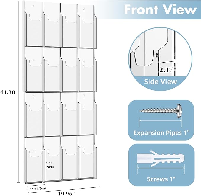 Acrylic Brochure Pamphlet Holder, 16 Pamphlet Holders, Clear Brochure Display Holder Wall Mount, Trifold Flyer Rack, Literature Storage Rack for Home, Offices, Waiting Room
