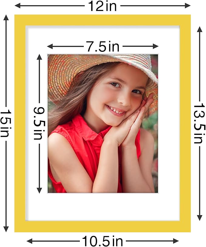 Vittanly 11x14 Picture Frames Set of 9, Shatter Resistant Plexiglass, Display 8x10 Pictures with Mat or 11x14 without Mat, Photo Frames for Wall or Tabletop, Engineered Wood, Yellow