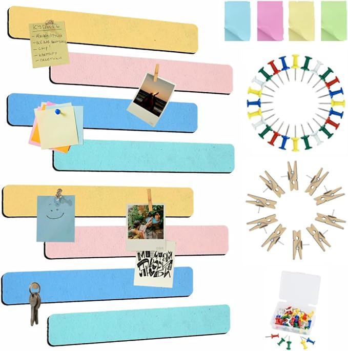 Vuzvuv 8 pcs Bulletin Board Bar Strips with 50 Pushpins & 10 Wooden Clip pins，Self Adhesive Cork Board for Wall，Felt Pin Board for School，Office Decor(Cream Multi-Color)
