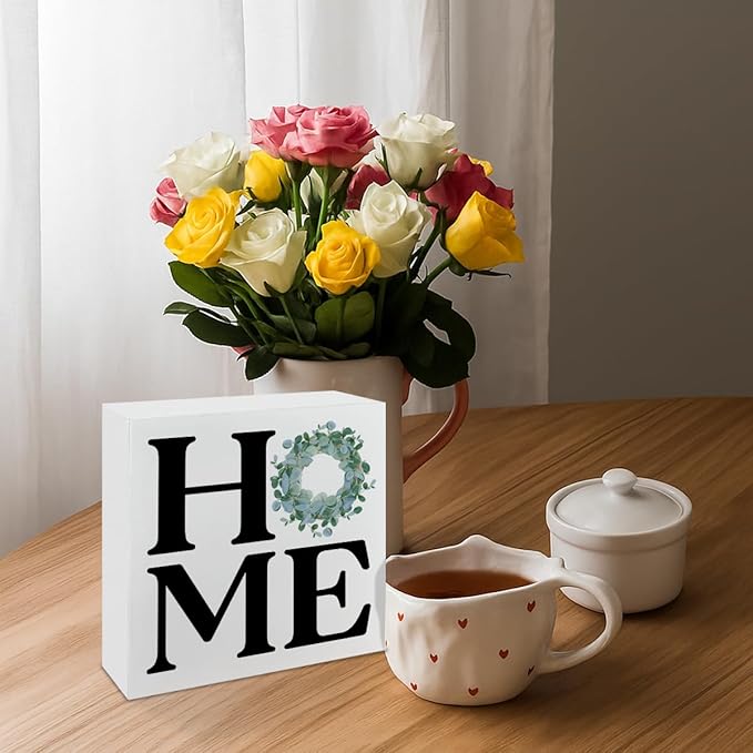 Farmhouse Home Decor, Home Wood Signs, Entryway Wall Art, Family Room Sign, Housewarming Gift, Box Sign Decor Tabletop, Living Room Decoration, Hallway Decoration, 5.1x5.1inches