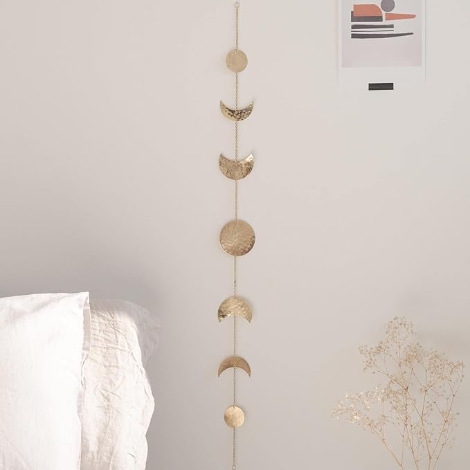 BASE ROOTS Moon Phase Wall Decor, Celestial Décor, Moon Décor & Boho Wall Décor, Gold Wall Art for Bedroom & Living Room, Bohemian Wall Decor, Handmade Hammered Metal 36" 7 Phases Moon Wall Decor, Gift for Women & Kids