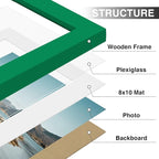 Vittanly 11x14 Picture Frames Set of 9, Shatter Resistant Plexiglass, Display 8x10 Pictures with Mat or 11x14 without Mat, Photo Frames for Wall or Tabletop, Engineered Wood, Green