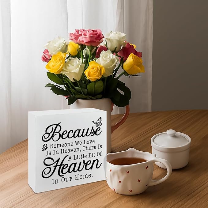Farmhouse Style Sign, Because Someone We Love Is In Heaven, Bereavement Sign, Sympathy & Memorial Signs, Sympathy Gift, Wood Farmhouse Decor, Box Signs Decor Tabletop, 5.1x5.1inches
