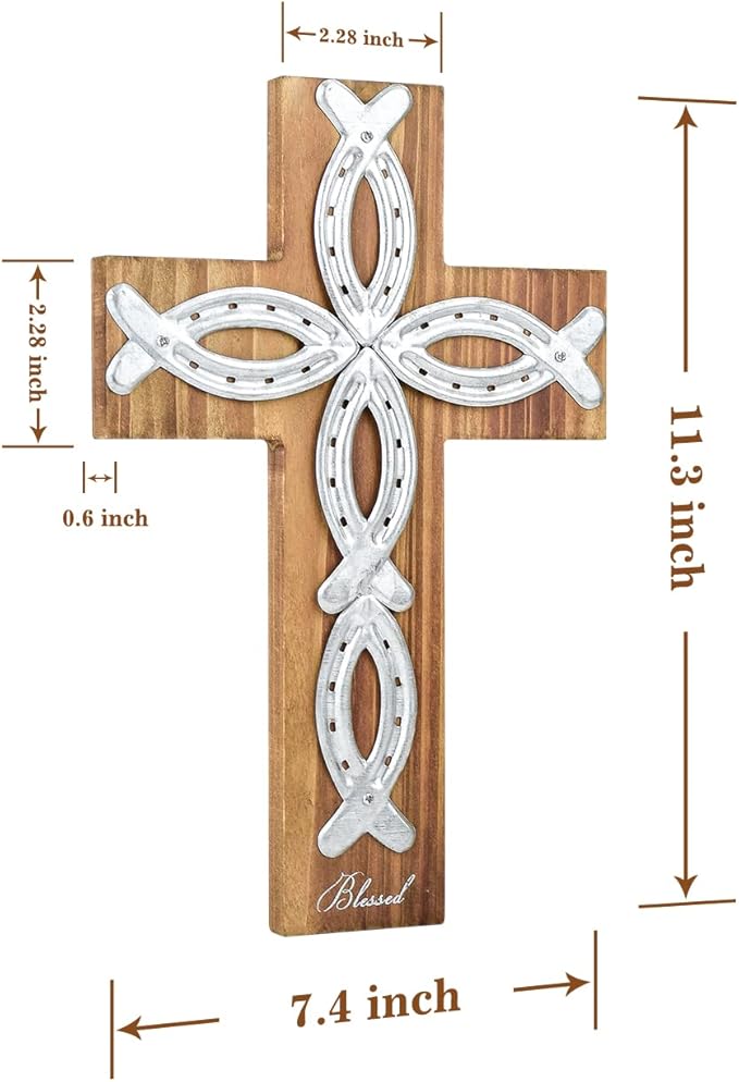 OKSQW Wall Cross Retro Catholic Wooden Hanging Baptism Crosses with Unique Metal Cross Spiritual Religious Cross with Hook 12" Blessed Letter Design Christmas Crucifix Gift for Church Home Wall Decor