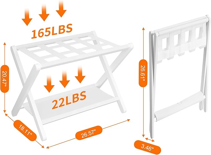 Heybly Luggage Rack, Pack of 2, Folding Suitcase Stand with Storage Shelf, Heavy-Duty Luggage Holder for Guest Room Bedroom Hotel, Holds up to 165 lb, White, HLR010W2