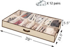 Men/Adults 12 Cells See Through Underbed Shoe Storage Bag Organizer with black and white flower (beige)